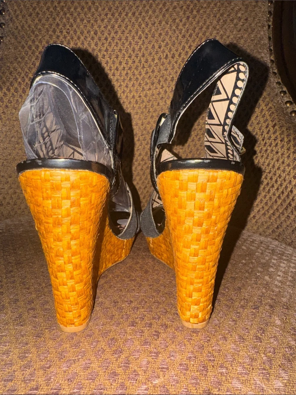 Jessica Simpson Black Strappy Wedge Sandals with Woven Tan Platform